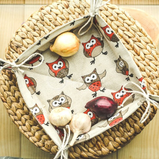 Colourful half-linen bread basket "Owls orange"